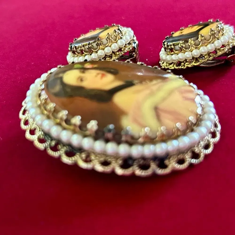 Vintage W. Germany Victorian Revival Cameo Brooch & Clip-On Earring Set